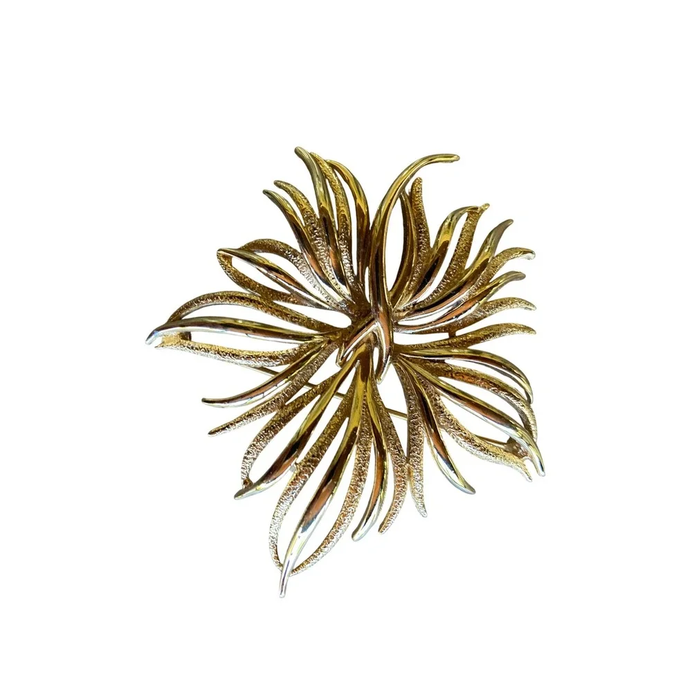 Monet Vintage Gold Tone Sunburst Floral Brooch Textured Petal Pin Statement